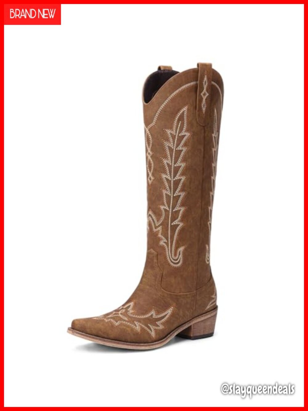 Knee High Western Cowboy Boots Pointed Toe Chunky Heel Pull On